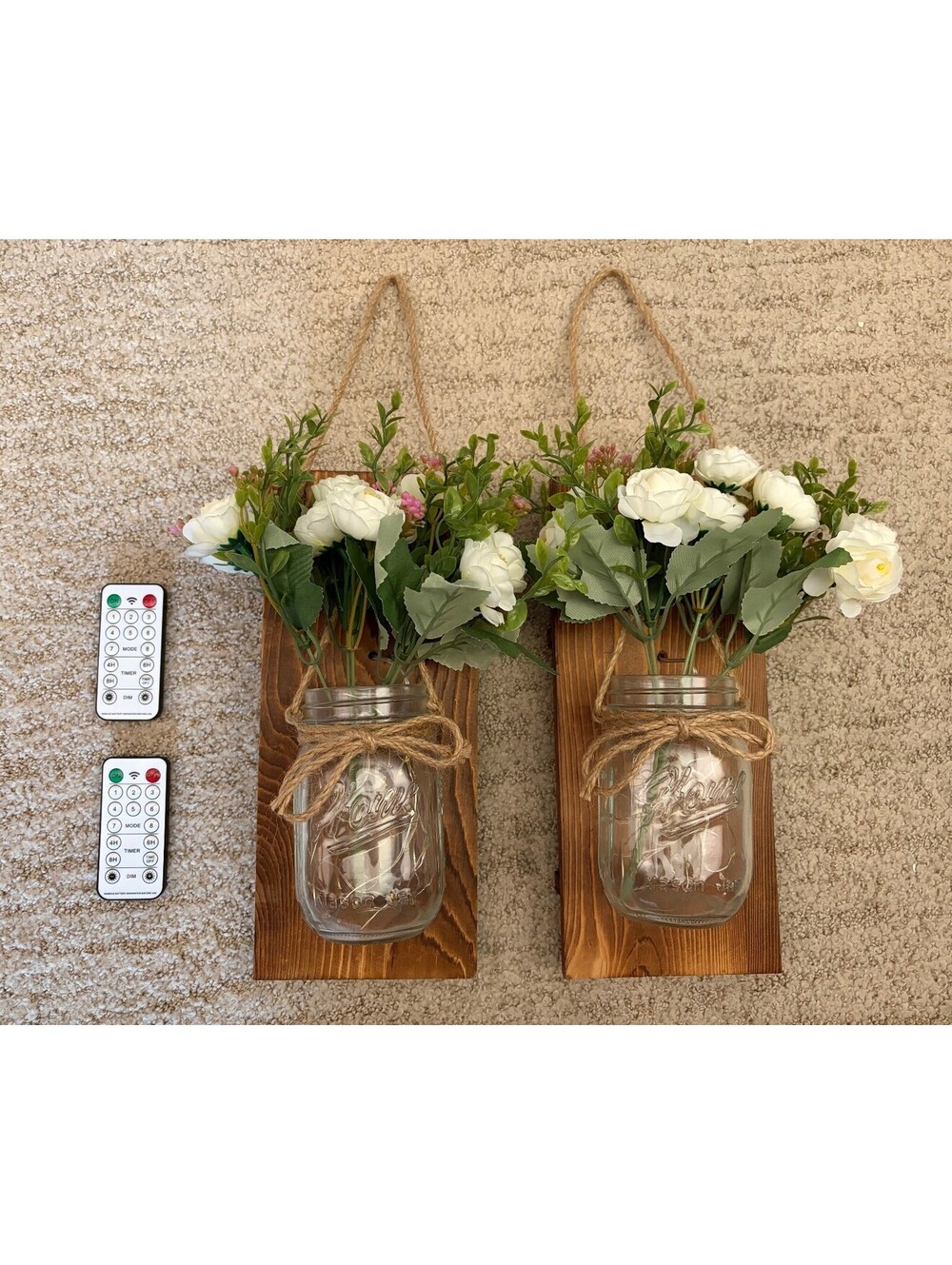 Set of 2 Rustic Mason Jar Wall Sconces with LED Lights and Artificial Flowers